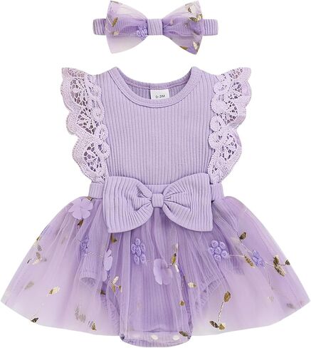 Baby Girl Romper Dress, Tulle Skirt Bodysuit Ruffle Sleeveless Summer Outfit with Headband for Infants 0-12M in Saudi Arabia