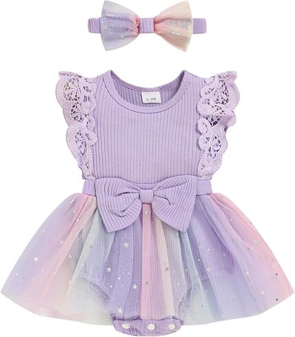 Baby Girl Romper Dress, Tulle Skirt Bodysuit Ruffle Sleeveless Summer Outfit with Headband for Infants 0-12M in Saudi Arabia