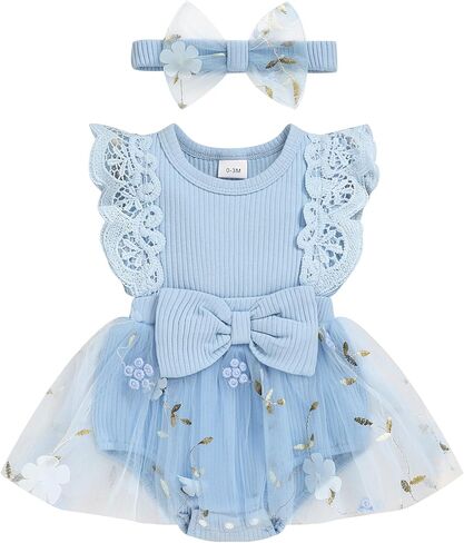 Baby Girl Romper Dress, Tulle Skirt Bodysuit Ruffle Sleeveless Summer Outfit with Headband for Infants 0-12M in Saudi Arabia