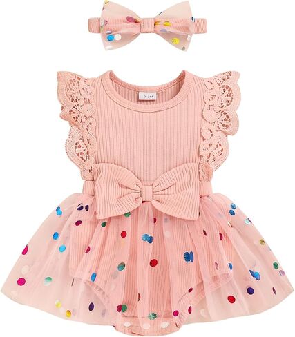 Baby Girl Romper Dress, Tulle Skirt Bodysuit Ruffle Sleeveless Summer Outfit with Headband for Infants 0-12M in Saudi Arabia