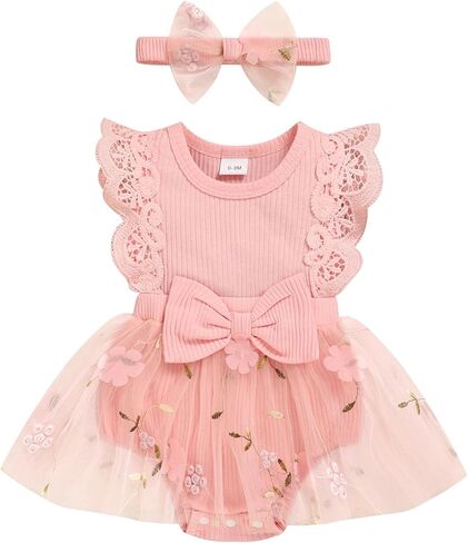 Baby Girl Romper Dress, Tulle Skirt Bodysuit Ruffle Sleeveless Summer Outfit with Headband for Infants 0-12M in Saudi Arabia
