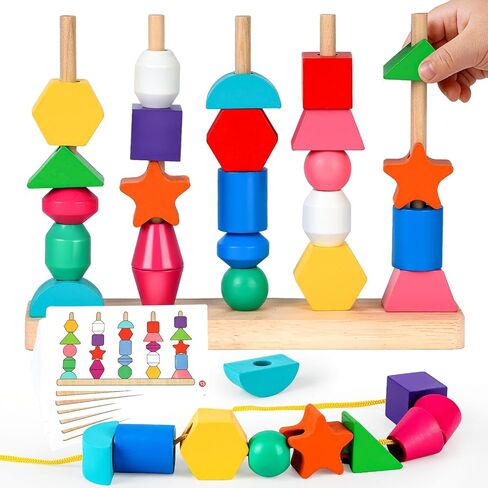 Montessori Wooden Threading Beads Set for Toddlers 3 4 5, Bead Sequencing & Stacking Toy with Pattern Cards, Lacing Beads, Shape Matching Stacker, Fine Motor STEM Learning Gift in Saudi Arabia