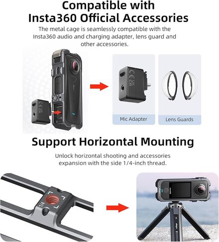 قفص لملحقات الهواء Insta360 X4، حافظة واقية من سبائك الألومنيوم لـ Insta 360 X4 Air مع إطلاق سريع، وواقي هواء مدمج للميكروفون، وحذاء بارد مزدوج وفتحة لولبية 1/4 بوصة، مع غطاء حماية للعدسة من السيليكون in Kuwait