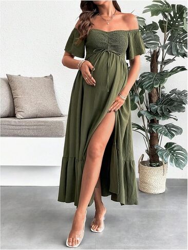 فستان SweatyRocks النسائي للحمل بدون أكتاف طويل مكشكش على شكل حرف A فساتين عطلات واسعة in Kuwait