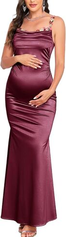 AISWI Satin Maternity Maxi Dress Mermaid Ruched Bodycon Floral Spaghetti Strap Gown for Baby Shower Photoshoot Cocktail in Kuwait