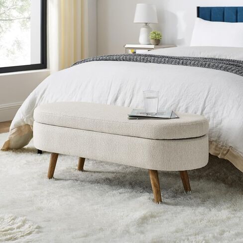 Oval Storage Ottoman Bench with Hidden Storage and Foam Padded Seat, Upholstered Entryway Footstool with Rubber Wood Legs, Decorative Bedroom End of Bed Accent Furniture for Living Room (Blue) in Kuwait