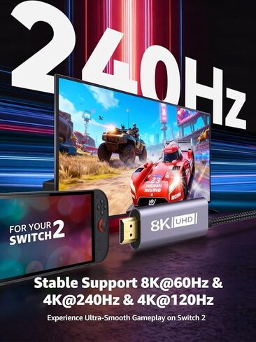 كابل Switch 2 Dock HDMI 8K@60 هرتز 4K@240 هرتز/120 هرتز/60 هرتز، HDMI 2.1 و48 جيجابت في الثانية، شحن 100 واط PD USB C، HDR 10+، USB3.2، محطة إرساء تلفزيون صغيرة محمولة والسفر، محول HDMI متوافق مع Nintendo Switch 2/OLED/1 in Kuwait
