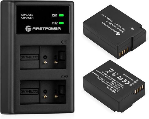 FirstPower DMW-BLC12 DMW-BLC12PP Battery and Dual Slot Charger for Panasonic Lumix G7, G85, G95, FZ1000, FZ1000 II, GH2, G5, G6, GX8, FZ200, FZ300, FZ2500 Camera in Kuwait