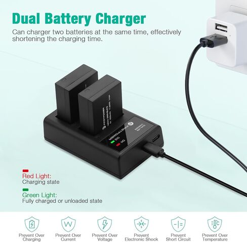 FirstPower DMW-BLC12 DMW-BLC12PP Battery and Dual Slot Charger for Panasonic Lumix G7, G85, G95, FZ1000, FZ1000 II, GH2, G5, G6, GX8, FZ200, FZ300, FZ2500 Camera in Kuwait