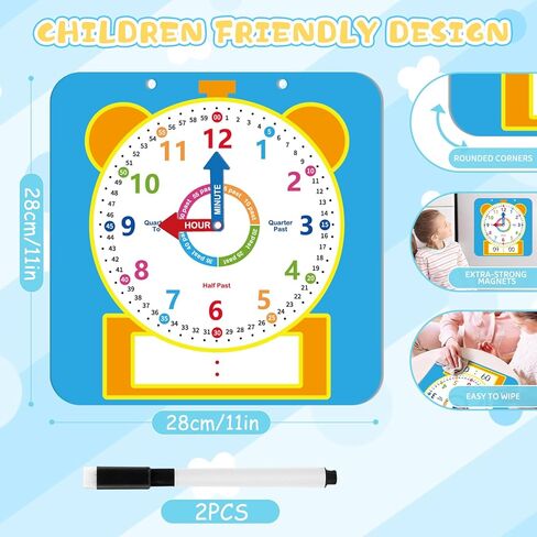 ساعة تعليمية مغناطيسية قابلة للكتابة والمسح الجاف للأطفال، ساعة تعليم الوقت مع قلم، ساعات عرض تناظرية للفصول الدراسية، لوازم المدرسة المنزلية، يجب أن تمتلك رياض الأطفال ما قبل المدرسة in Kuwait