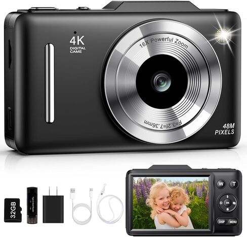 كاميرا رقمية بدقة 4K للتركيز التلقائي على مقاطع الفيديو للتصوير الفوتوغرافي مع تكبير 16X مضاد للاهتزاز، وبطاقة 32 جيجابايت، وكاميرا محمولة صغيرة الحجم بدقة 48 ميجابكسل للأطفال الأولاد والبنات والمراهقين المبتدئين (وردي) in Kuwait