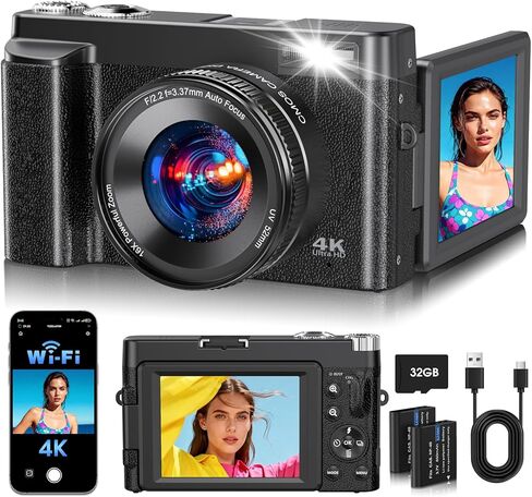 كاميرا رقمية بدقة 4K للتصوير الفوتوغرافي، أحدث كاميرا تسجيل فيديو واي فاي بدقة 64 ميجابكسل لعام 2026 لليوتيوب مع شاشة قابلة للطي 180 درجة، تركيز تلقائي مضاد للاهتزاز، تكبير 16X، كاميرا سفر مدمجة، بطاقة 32 جيجابايت، بطاريتان، أسود in Kuwait
