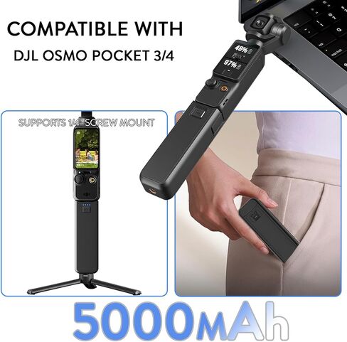 مقبض بطارية شحن سريع 5000 مللي أمبير في الساعة لجيب DJI Osmo Pocket 3 ملحقات مقابض بطارية لـ Xtra Muse، يدعم أجهزة الصوت الخارجية، ونقل البيانات ويتميز بخيط محجوز 1/4 بوصة in Kuwait