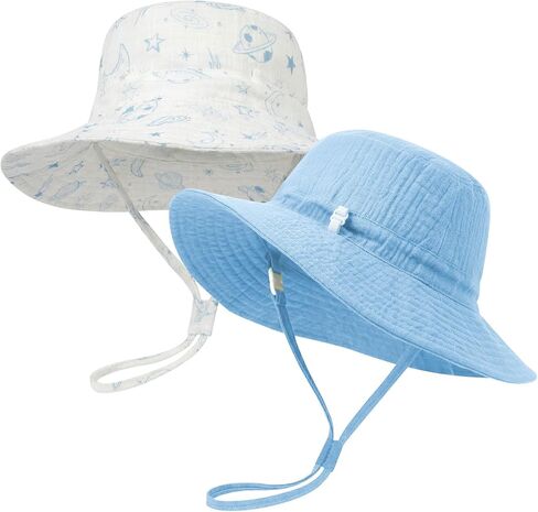 Play Tailor 2 Pack Newborn Baby Sun Hat Breathable Muslin Cotton Infant Bucket Cap Adjustable Wide Brim Summer Beach 0-9M in Kuwait