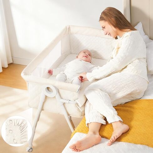 Baby Bassinet Bedside Sleeper - Upgrade Safety Bassinets with Crib Sheet, Easy to Move, 4 Adjustable Height Bedside Bassinet for Infant Newborn, Cream | More Safer, Easy Move, Storage Bag, Waterproof Sheet, Storage Bag, Easy to Install in Saudi Arabia