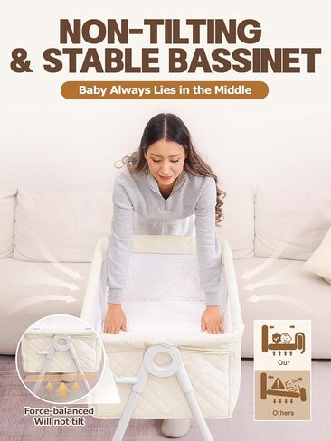 Baby Bassinet Bedside Sleeper - Upgrade Safety Bassinets with Crib Sheet, Easy to Move, 4 Adjustable Height Bedside Bassinet for Infant Newborn, Cream | More Safer, Easy Move, Storage Bag, Waterproof Sheet, Storage Bag, Easy to Install in Saudi Arabia