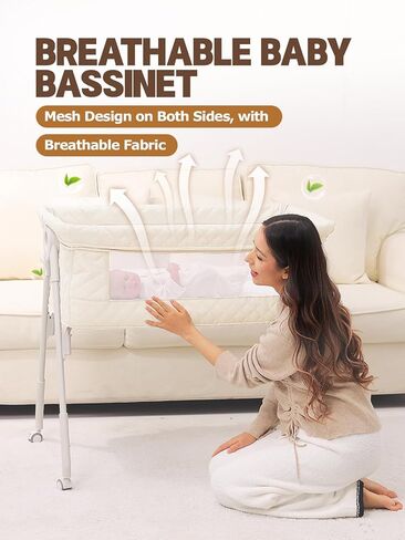 Baby Bassinet Bedside Sleeper - Upgrade Safety Bassinets with Crib Sheet, Easy to Move, 4 Adjustable Height Bedside Bassinet for Infant Newborn, Cream | More Safer, Easy Move, Storage Bag, Waterproof Sheet, Storage Bag, Easy to Install in Saudi Arabia