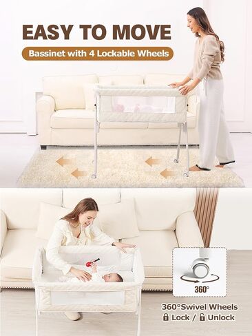 Baby Bassinet Bedside Sleeper - Upgrade Safety Bassinets with Crib Sheet, Easy to Move, 4 Adjustable Height Bedside Bassinet for Infant Newborn, Cream | More Safer, Easy Move, Storage Bag, Waterproof Sheet, Storage Bag, Easy to Install in Saudi Arabia