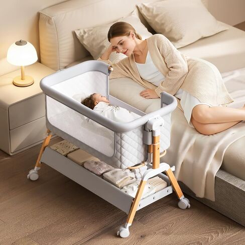 3 in 1 Baby Bassinet Bedside Sleeper,Bedside/Rocking Bassinet for Baby with Waterproof Comfy Mattress and Lockable Wheels,7 Adjustable Height, Easy Folding Portable Crib for Newborn-Khaki in Kuwait