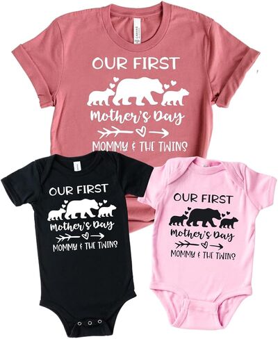 Our First Mothers Day Matching Shirts For Baby And Twin Mama, Personalized First Mothers Day Gifts For New Mom of Twins, Mommy And Me Shirts for 1st Mother's Day Twin Mom and Baby. in Kuwait