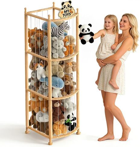 Stuffed Animal Storage Organizer, Wooden Plush Storage Tower with Elastic Cords, Space-Saving Stuffed Animal Zoo for Kids Bedroom, Playroom & Nursery, Solid Pine, 15.7 x 15.7 x 53.5 in in Kuwait