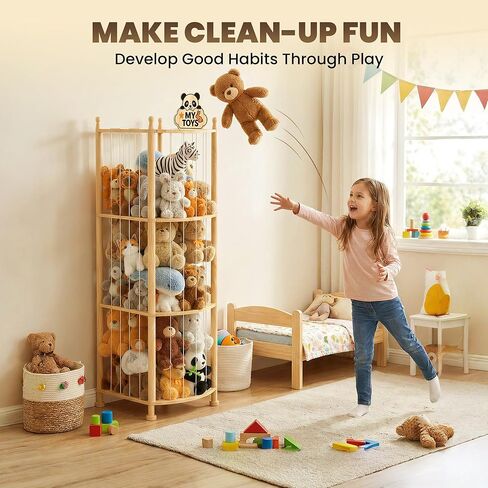 Stuffed Animal Storage Organizer, Wooden Plush Storage Tower with Elastic Cords, Space-Saving Stuffed Animal Zoo for Kids Bedroom, Playroom & Nursery, Solid Pine, 15.7 x 15.7 x 53.5 in in Kuwait