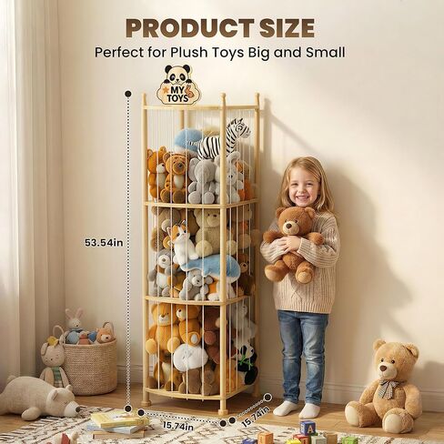 Stuffed Animal Storage Organizer, Wooden Plush Storage Tower with Elastic Cords, Space-Saving Stuffed Animal Zoo for Kids Bedroom, Playroom & Nursery, Solid Pine, 15.7 x 15.7 x 53.5 in in Kuwait