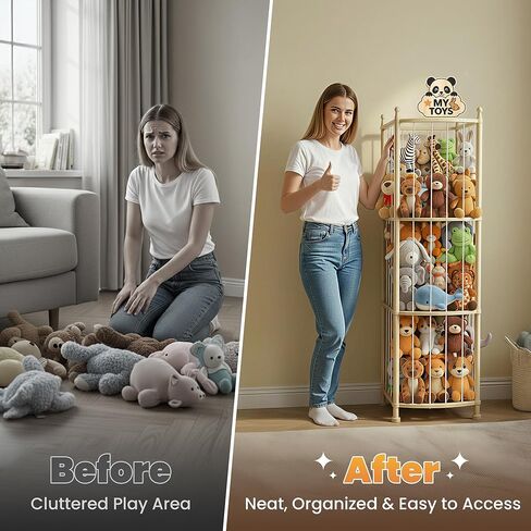 Stuffed Animal Storage Organizer, Wooden Plush Storage Tower with Elastic Cords, Space-Saving Stuffed Animal Zoo for Kids Bedroom, Playroom & Nursery, Solid Pine, 15.7 x 15.7 x 53.5 in in Kuwait