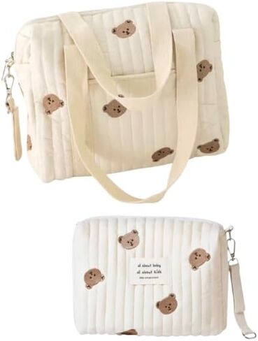 Baby Diaper Bag, Set of 2 (STROLLER BAG + POUCH FULL BEARS) - Cream in Kuwait