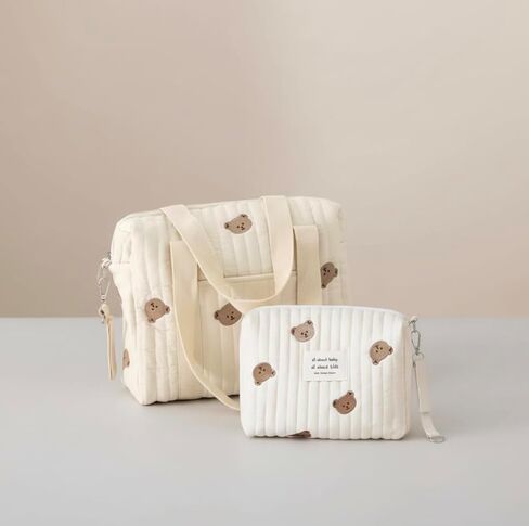 Baby Diaper Bag, Set of 2 (STROLLER BAG + POUCH FULL BEARS) - Cream in Kuwait