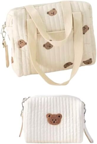 Baby Diaper Bag, Set of 2 (STROLLER BAG + POUCH 1 BEAR) - Cream in Kuwait
