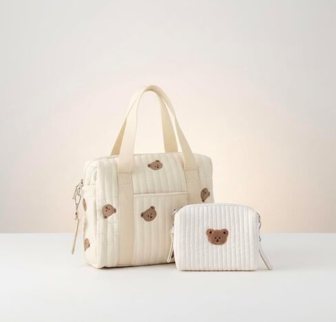 Baby Diaper Bag, Set of 2 (STROLLER BAG + POUCH 1 BEAR) - Cream in Kuwait