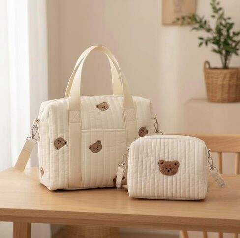 Baby Diaper Bag, Set of 2 (STROLLER BAG + POUCH 1 BEAR) - Cream in Kuwait