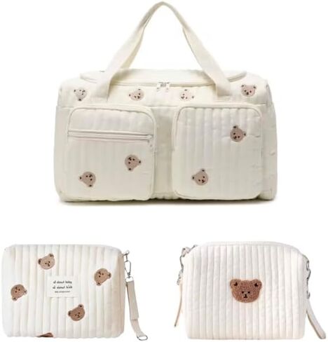 Baby Diaper Bag, Set of 3 (DUFFEL BAG + POUCH 1 BEAR + POUCH FULL BEARS) - Cream in Kuwait