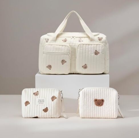 Baby Diaper Bag, Set of 3 (DUFFEL BAG + POUCH 1 BEAR + POUCH FULL BEARS) - Cream in Kuwait