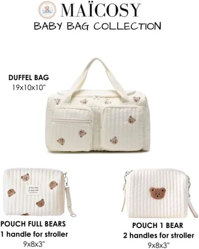 Baby Diaper Bag, Set of 3 (DUFFEL BAG + POUCH 1 BEAR + POUCH FULL BEARS) - Cream in Kuwait