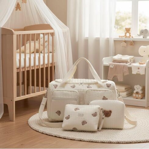 Baby Diaper Bag, Set of 3 (DUFFEL BAG + POUCH 1 BEAR + POUCH FULL BEARS) - Cream in Kuwait