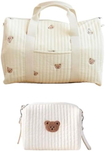 Baby Diaper Bag Set of 2, Quilted Cotton Travel Bag and Pouch, Bear Embroidery, Cream, Adjustable Strap in Kuwait