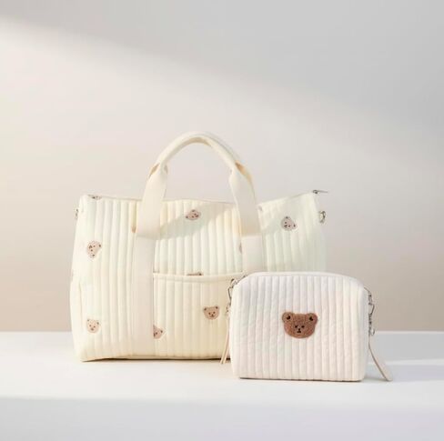 Baby Diaper Bag Set of 2, Quilted Cotton Travel Bag and Pouch, Bear Embroidery, Cream, Adjustable Strap in Kuwait