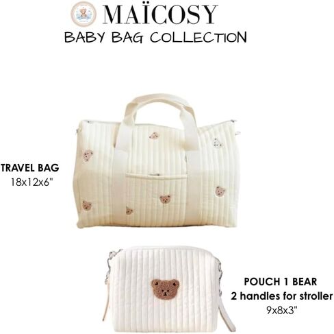 Baby Diaper Bag Set of 2, Quilted Cotton Travel Bag and Pouch, Bear Embroidery, Cream, Adjustable Strap in Kuwait