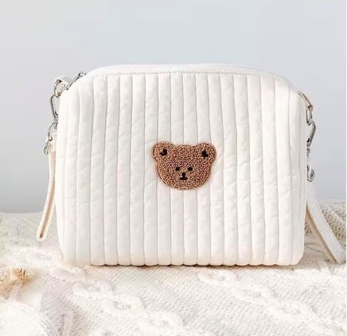 Baby Diaper Bag Set of 2, Quilted Cotton Travel Bag and Pouch, Bear Embroidery, Cream, Adjustable Strap in Kuwait