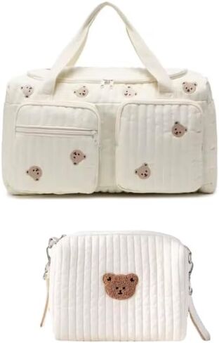 Baby Diaper Bag, Set of 2 (DUFFEL BAG + POUCH 1 BEAR) - Cream in Kuwait