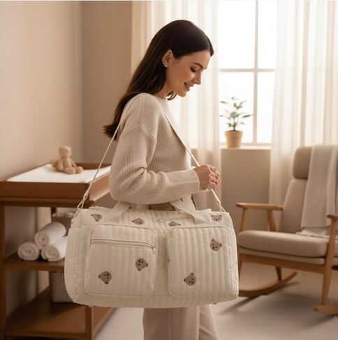 Baby Diaper Bag, Set of 2 (DUFFEL BAG + POUCH 1 BEAR) - Cream in Kuwait