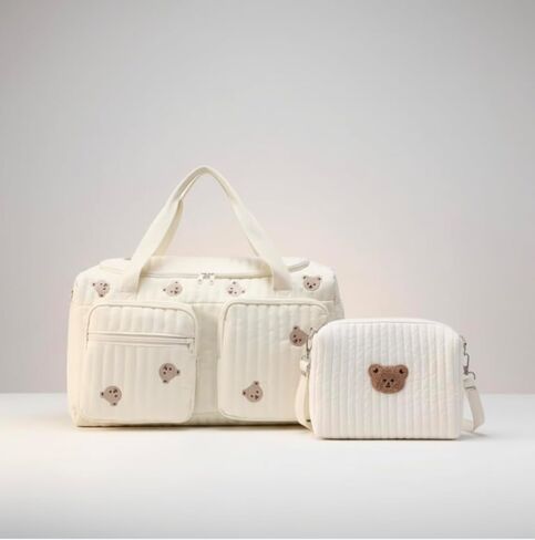 Baby Diaper Bag, Set of 2 (DUFFEL BAG + POUCH 1 BEAR) - Cream in Kuwait