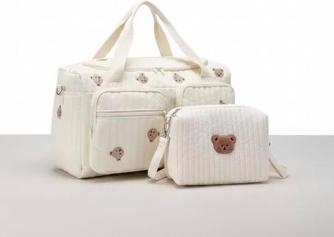 Baby Diaper Bag, Set of 2 (DUFFEL BAG + POUCH 1 BEAR) - Cream in Kuwait