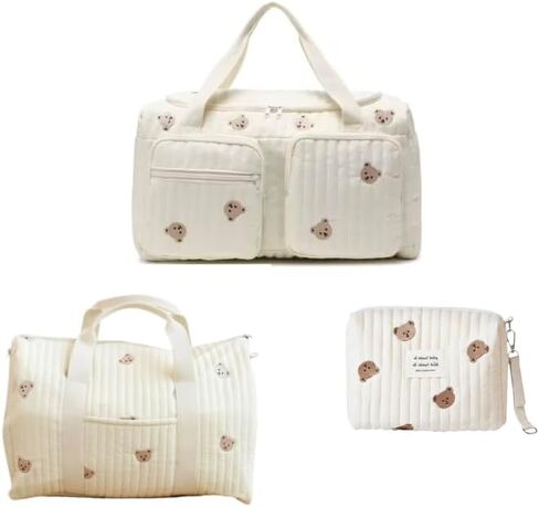 Baby Diaper Bag, Set of 3 (DUFFEL BAG + TRAVEL BAG + POUCH FULL BEARS) - Cream in Kuwait