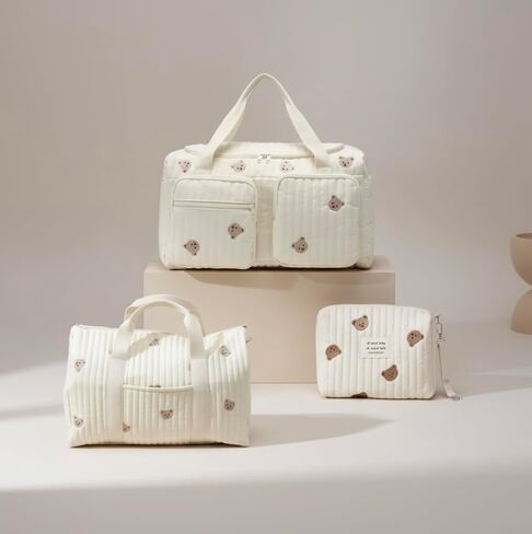 Baby Diaper Bag, Set of 3 (DUFFEL BAG + TRAVEL BAG + POUCH FULL BEARS) - Cream in Kuwait