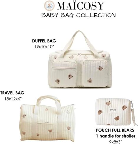 Baby Diaper Bag, Set of 3 (DUFFEL BAG + TRAVEL BAG + POUCH FULL BEARS) - Cream in Kuwait