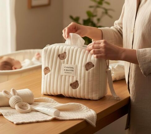 Baby Diaper Bag, Set of 3 (DUFFEL BAG + TRAVEL BAG + POUCH FULL BEARS) - Cream in Kuwait