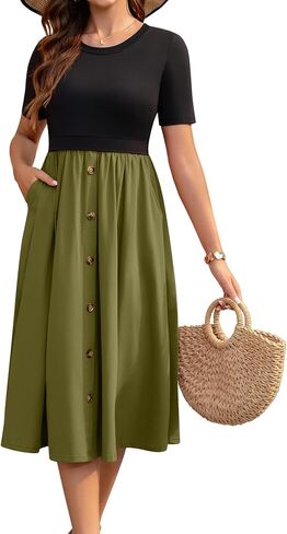 Women's Cotton Nursing Dresses Breastfeeding Midi Color Block Breastfeeding Dress with Pockets in Kuwait